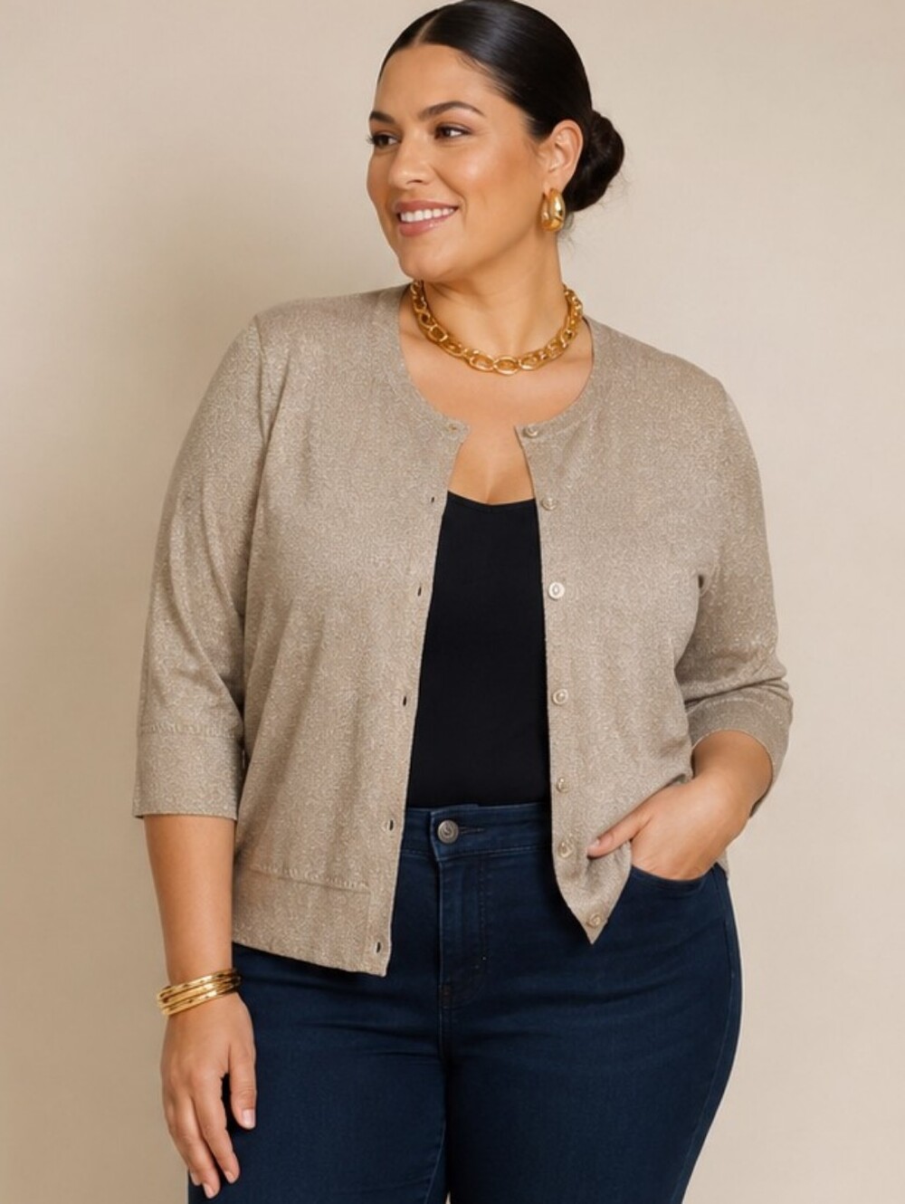 Penningtons NEW Plus Size 4x: Shimmery Taupe Gold Crewneck Button-Up Cardigan